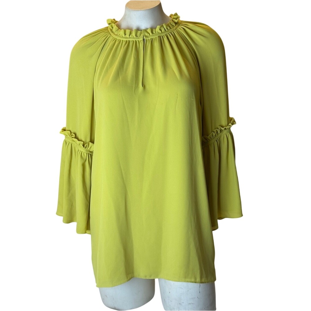 Josie Natori Chartreuse Lime Green Ruffle Blouse Top Romantic Resort Statement